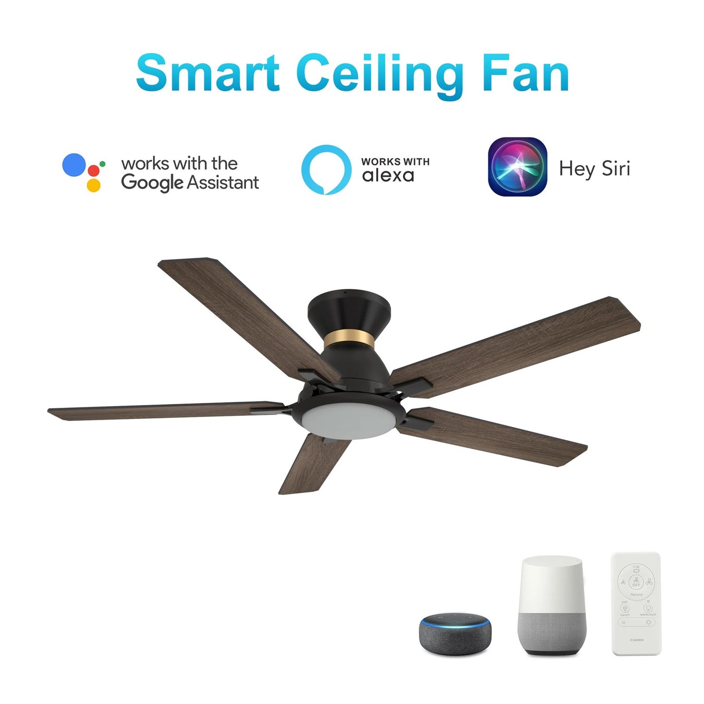 Carro Espear 52in Flush Mount Smart Ceiling Fan | Black Gold Barnwood Plywood Blades and Glass Shade | Large Living Rooms & | Model SFR525J-L12-BG-1-FMA