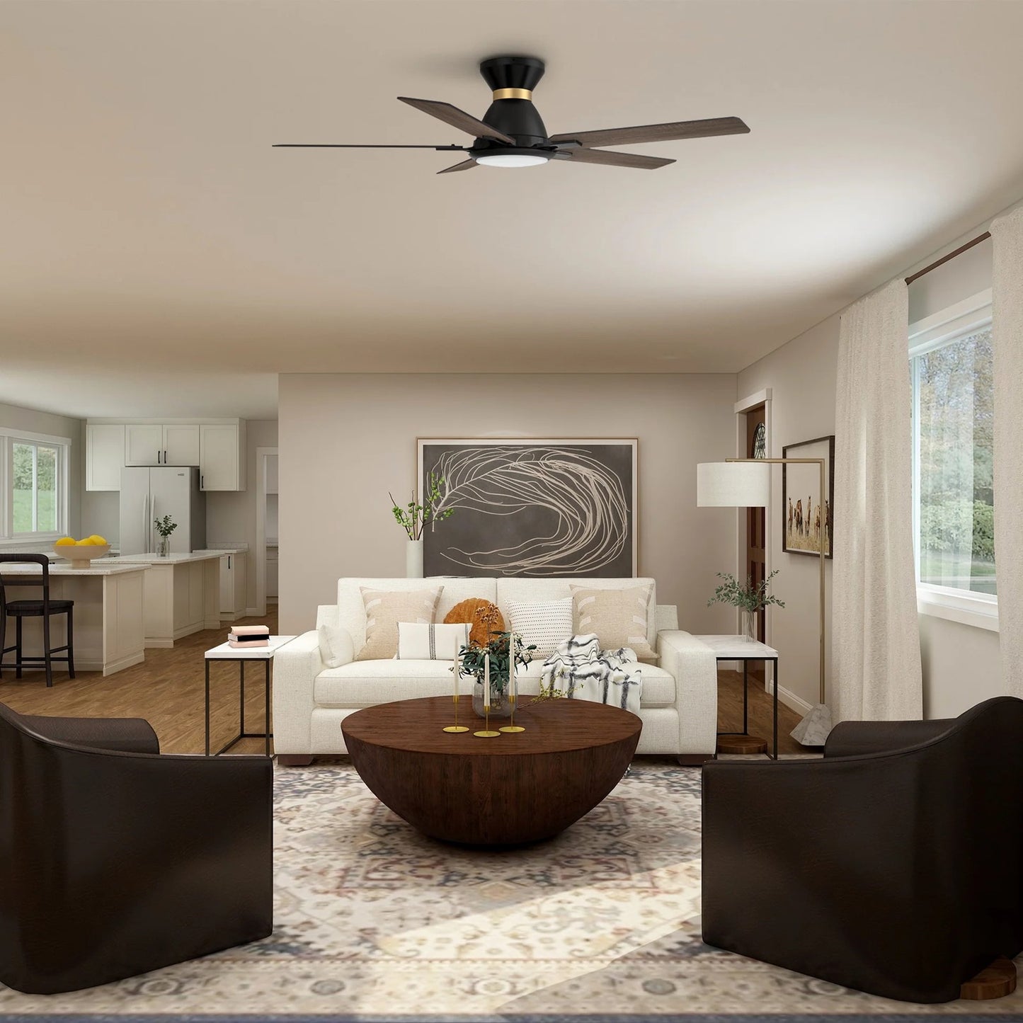 Carro Espear 52in Flush Mount Smart Ceiling Fan | Black Gold Barnwood Plywood Blades and Glass Shade | Large Living Rooms & | Model SFR525J-L12-BG-1-FMA
