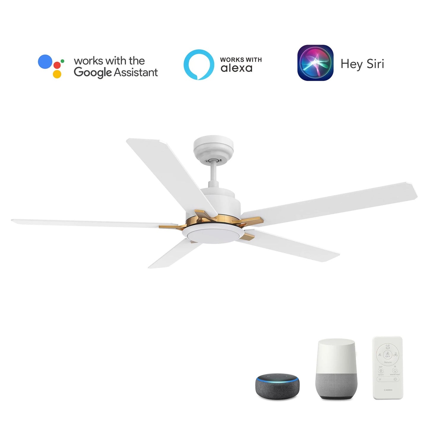 Carro Espear 52in Smart Ceiling Fan | White Gold Plywood Blades and Integrated LED | Large Living Rooms & Covered Patios | 52 x | Model SFR525J-L12-W1-1G