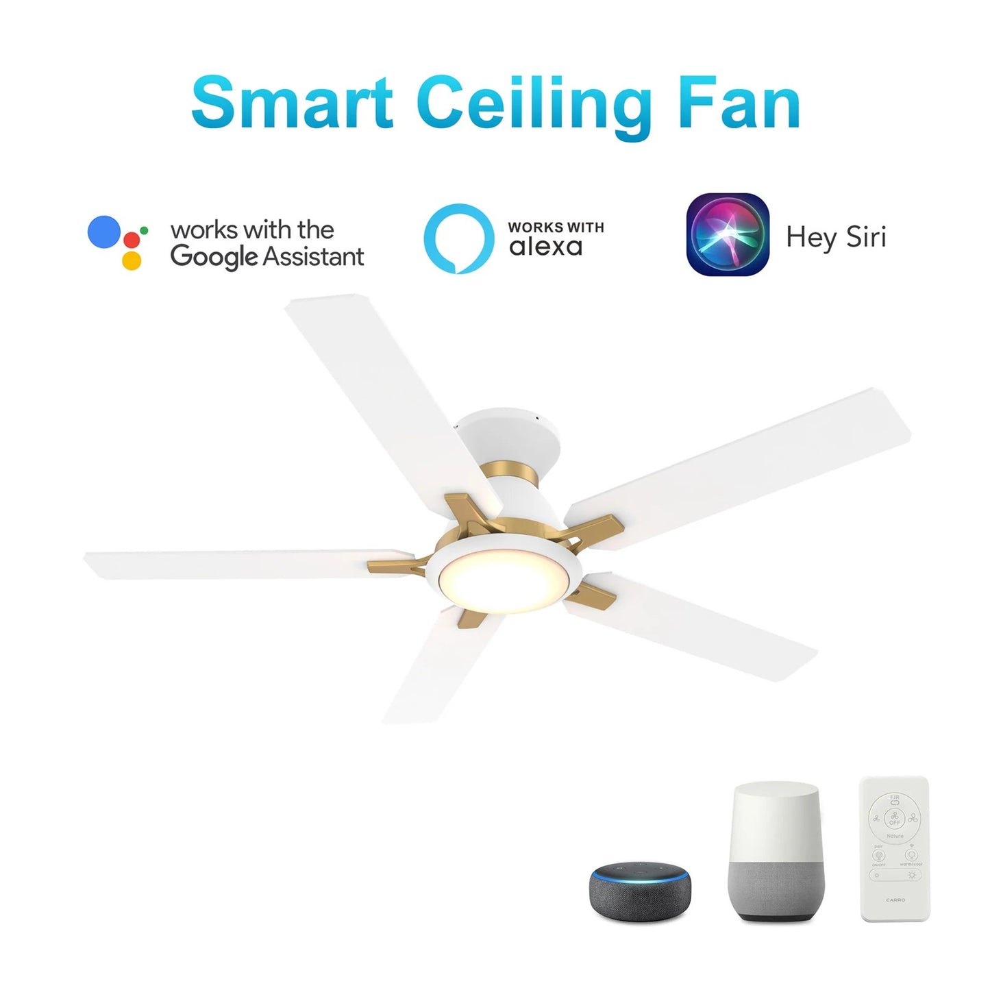 Carro Espear 52in Flush Mount Smart Ceiling Fan | White Gold Plywood Blades and Glass Shade | Large Living Rooms & Covered | Model SFR525J-L12-W1-1G-FMA