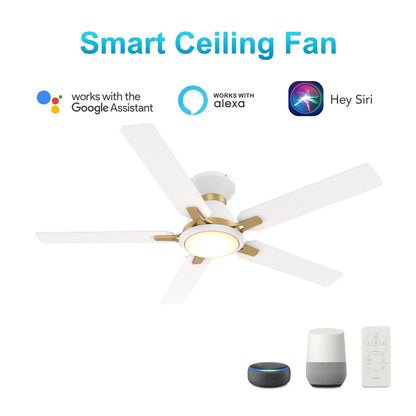 Carro Espear 52in Flush Mount Smart Ceiling Fan | White Gold Plywood Blades and Glass Shade | Large Living Rooms & Covered | Model SFR525J-L12-W1-1G-FMA