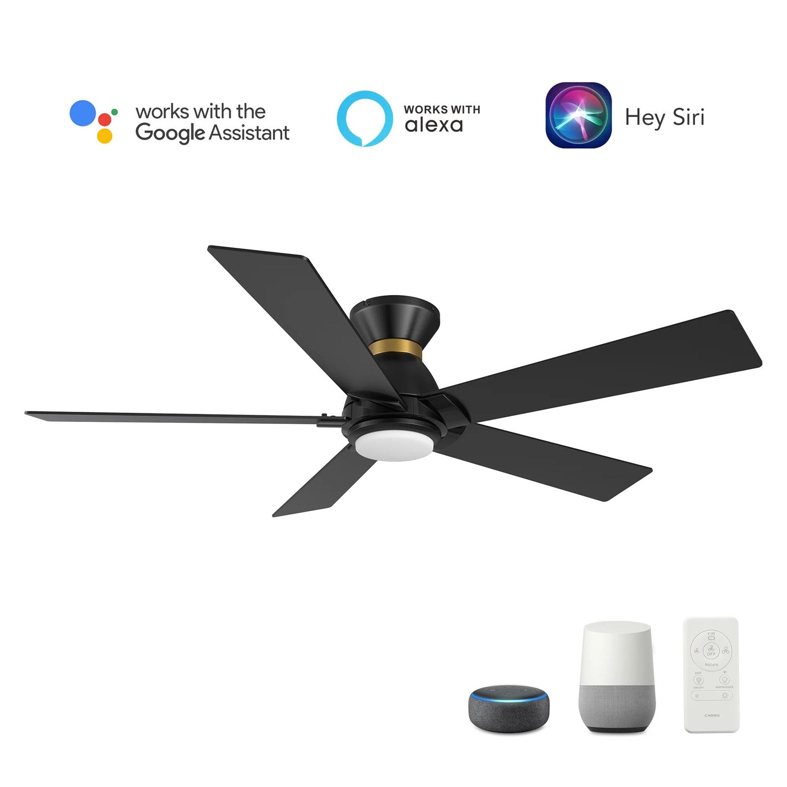 Carro Ascender 52in 5-Blade Flush Mount Smart Ceiling Fan | Modern Black Gold and High-Quality Plywood with LED | Large | Model SFR525J1-L11-B2-1-FMA