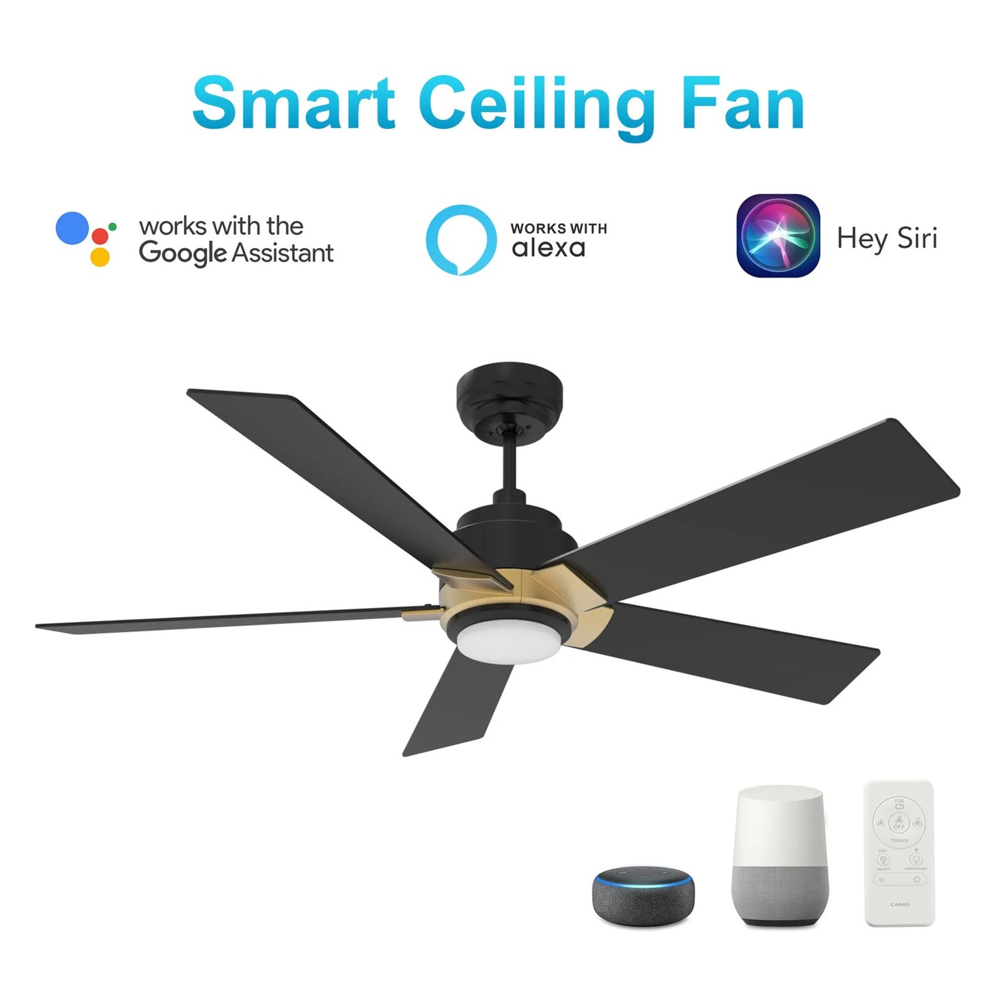 Carro Ascender 52in 5-Blade Smart Ceiling Fan | Modern Black Gold and High-Quality Plywood with LED | Large Living Room & | Model SFR525J1-L11-B2-1G