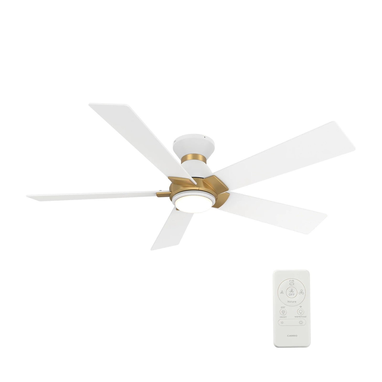 Carro Ascender 52in 5-Blade Flush Mount Smart Ceiling Fan | Modern White/Gold Plywood Blades and Integrated LED | Living | Model SFR525J1-L11-W1-1G-FMA