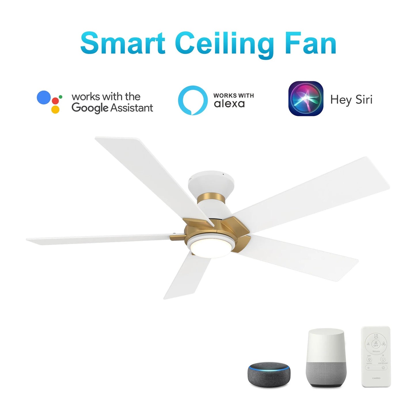 Carro Ascender 52in 5-Blade Flush Mount Smart Ceiling Fan | Modern White/Gold Plywood Blades and Integrated LED | Living | Model SFR525J1-L11-W1-1G-FMA