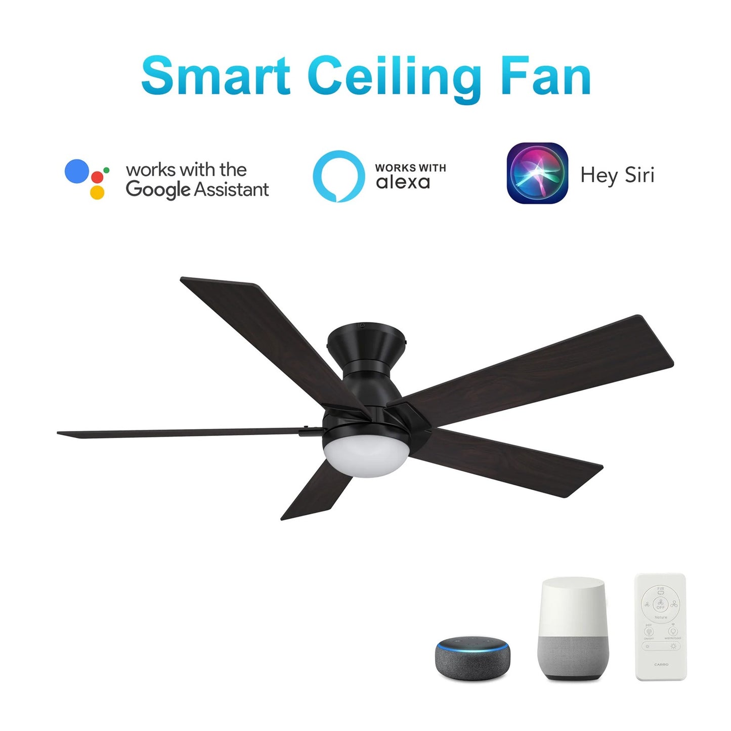 Carro Ascender 52in 5-Blade Flush Mount Smart Ceiling Fan | Modern Black Plywood Blades and Integrated LED | Living Room & | Model SFR525J1-L21-BG-1-FM
