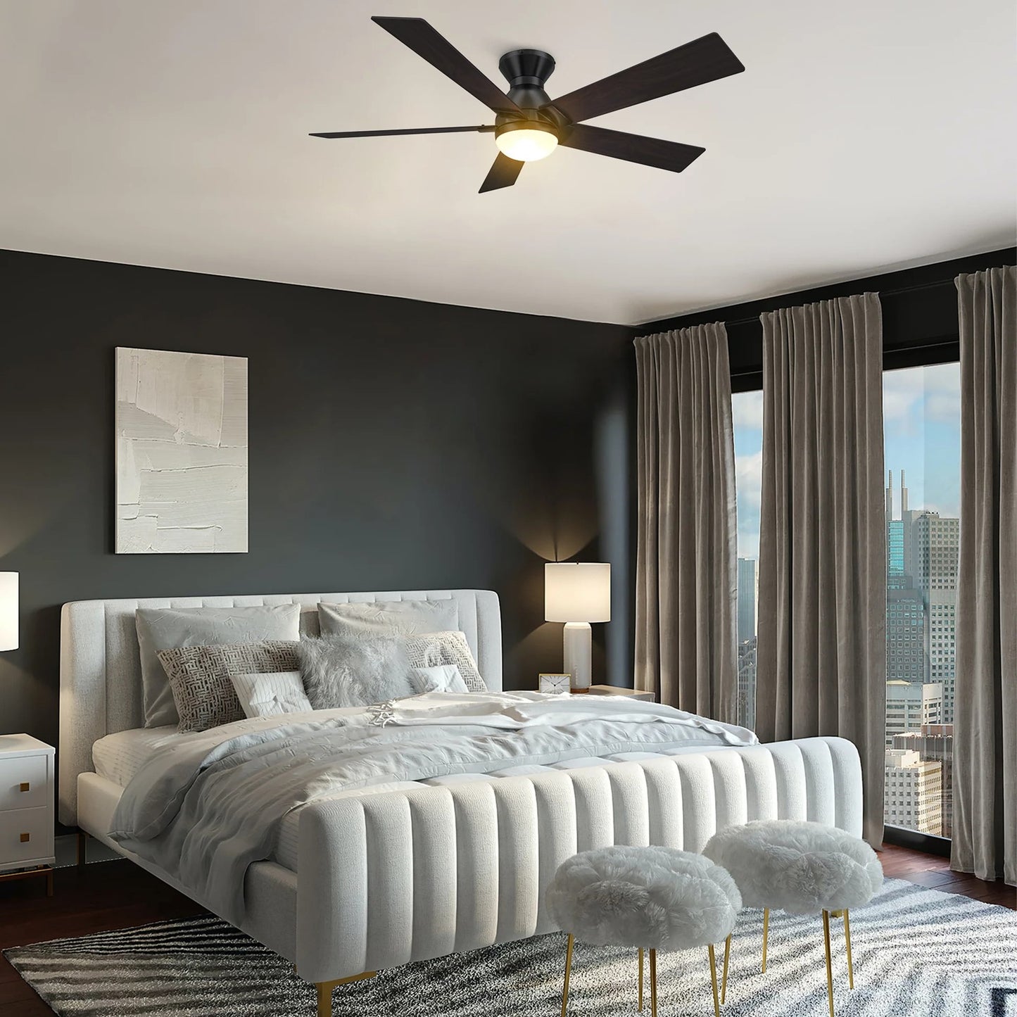 Carro Ascender 52in 5-Blade Flush Mount Smart Ceiling Fan | Modern Black Plywood Blades and Integrated LED | Living Room & | Model SFR525J1-L21-BG-1-FM