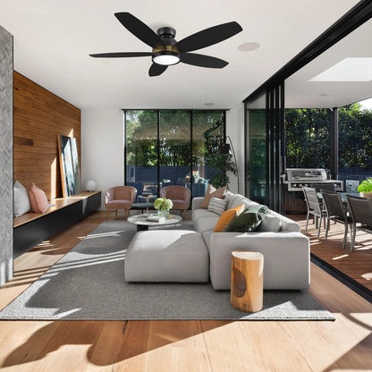 Carro Fremont 52in Flush Mount Smart Ceiling Fan | Black Gold Plywood Blades and Integrated LED | Large Living Rooms & | Model SFR525Q5-L12-B2-1-FMA