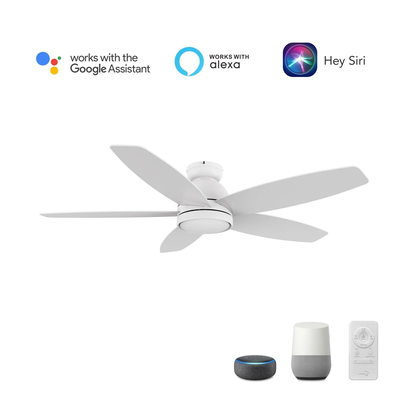 Carro Fremont 52in 5-Blade Flush Ceiling Fan | White Plywood Blades and Integrated LED | Living Room & Covered Patio | 52 x | Model SFR525Q5-L12-W1-1-FM