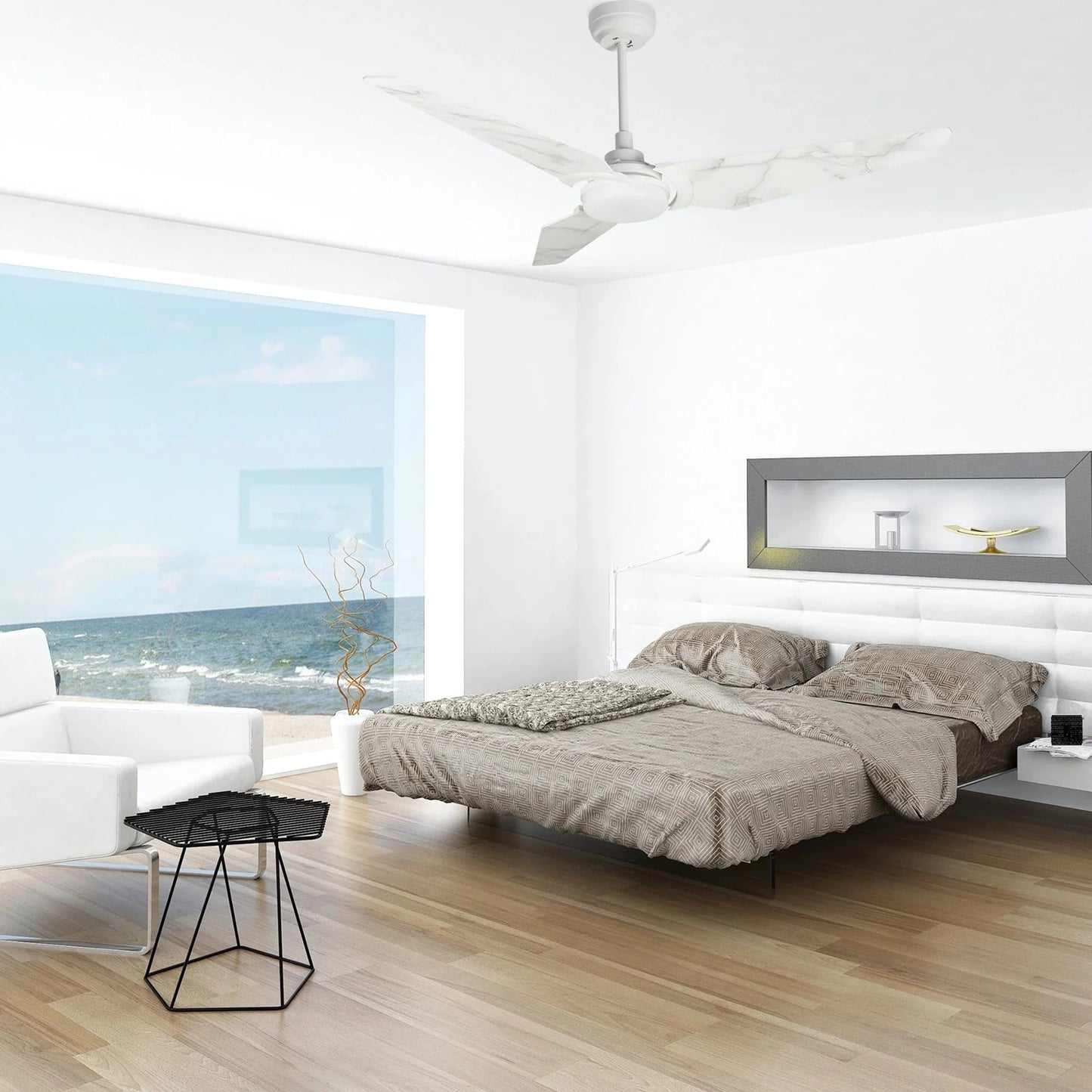 Carro Kaj 56in 3-Blade Smart Ceiling Fan | White Marble Plywood Blades | Living Room & Covered Patio | 56 x 56 x 13.4 in | Model SFR563B-L12-W7-1