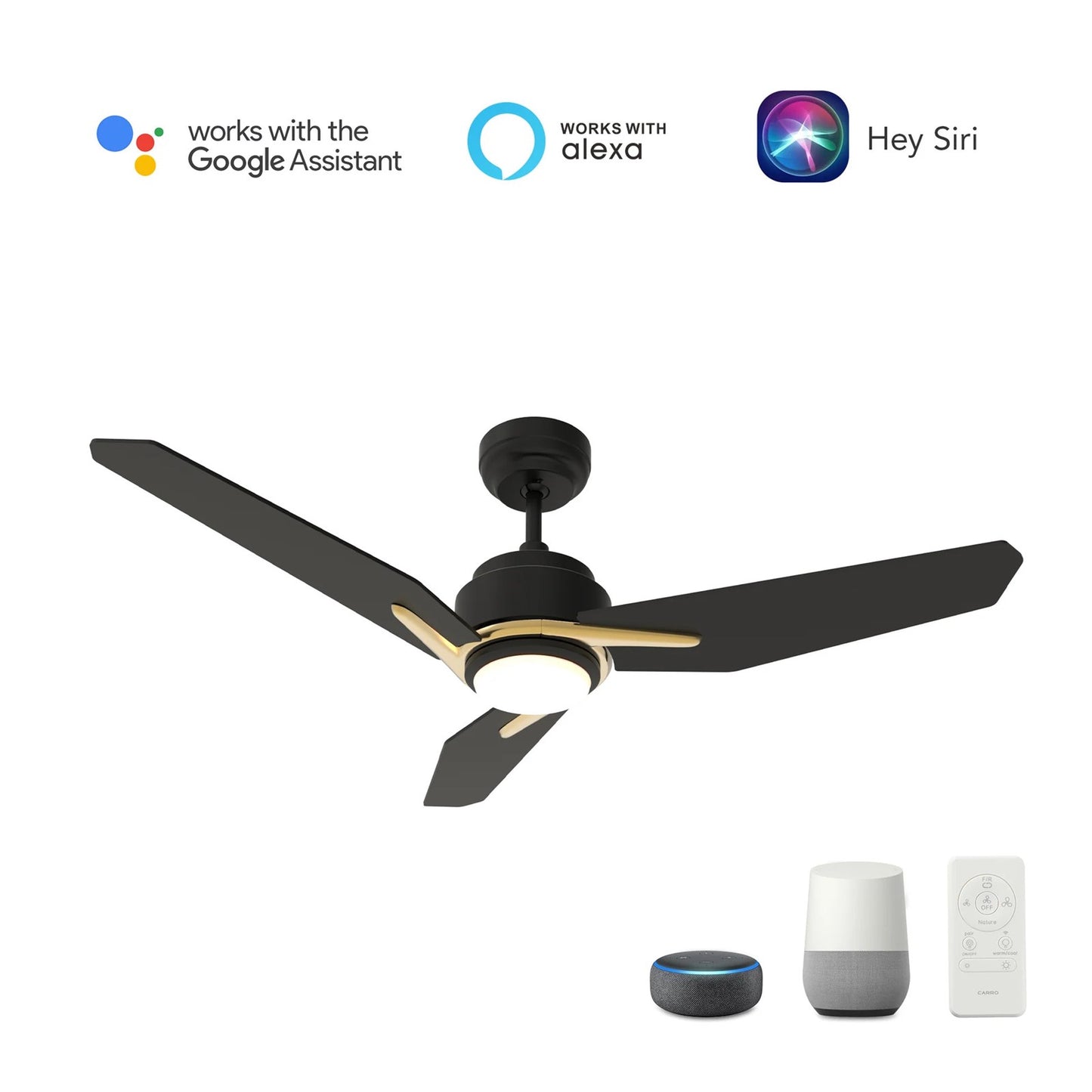 Carro Calen 56in 3-Blade Smart Ceiling Fan | Black Gold Plywood Blades | Living Room & Covered Patio | 56 x 56 x 13.2 in | Model SFR563J3-L11-B2-1G