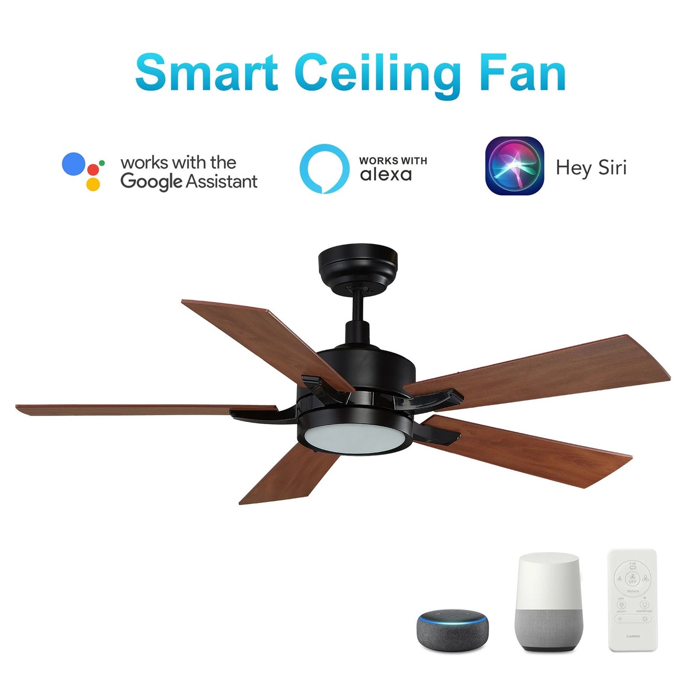 Carro Appleton 56in 5-Blade Smart Ceiling Fan | Black Cherry Plywood Blades and Integrated LED | Living Room & Covered Patio | 56 | Model SFR565E-L12-B3-1