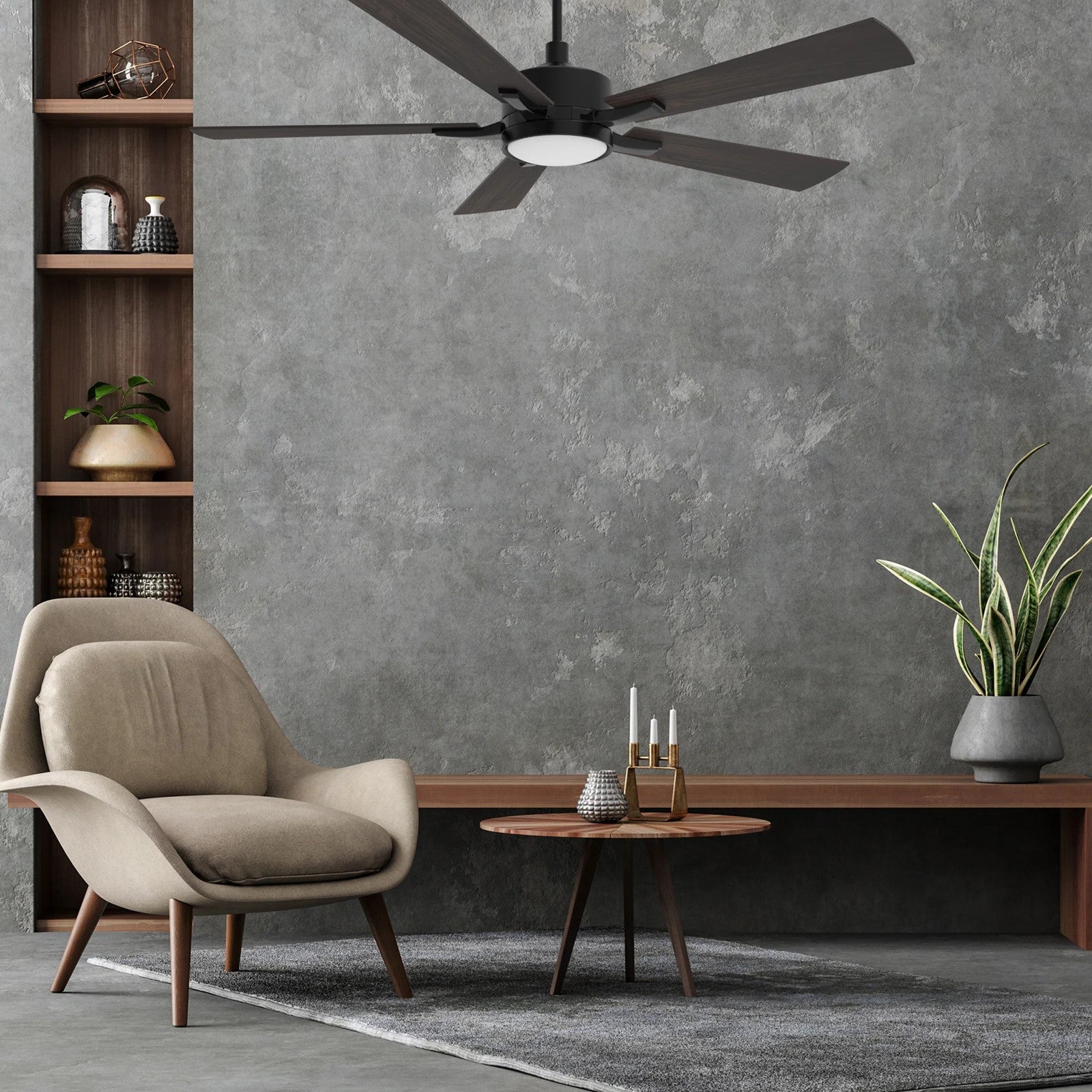 Carro Appleton 56in 5-Blade Smart Ceiling Fan | Modern Black Walnut Plywood Blades | Living Room & Covered Patio | 15 x 56 x 56 in | Model SFR565E-L12-BF-1