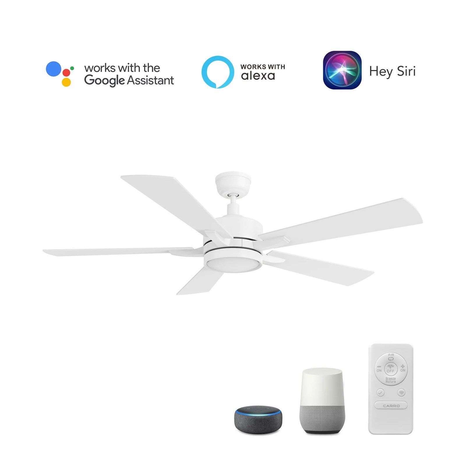Carro Appleton 56in 5-Blade Smart Ceiling Fan | Modern White Plywood Blades | Living Room & Covered Patio | 15 x 56 x 56 in | Model SFR565E-L12-W1-1