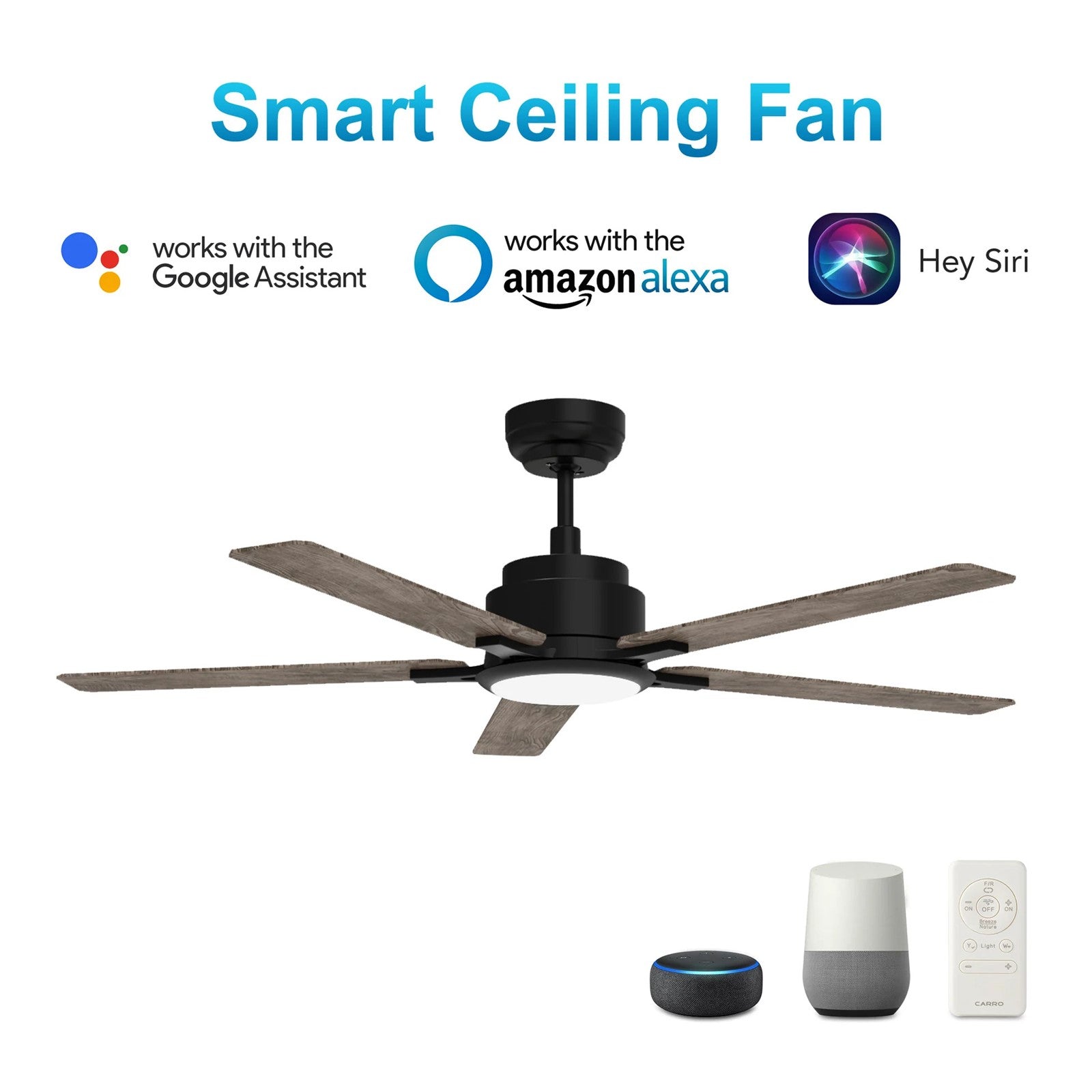 Carro Espear 56in 5-Blade Smart Ceiling Fan | Black Barnwood/Walnut Plywood Blades | Living Room & Covered Patio | 56 x 56 x 14.4 | Model SFR565J-L12-BG-1