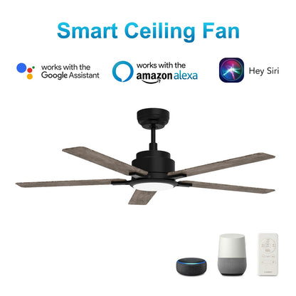 Carro Espear 56in 5-Blade Smart Ceiling Fan | Black Barnwood/Walnut Plywood Blades | Living Room & Covered Patio | 56 x 56 x 14.4 | Model SFR565J-L12-BG-1