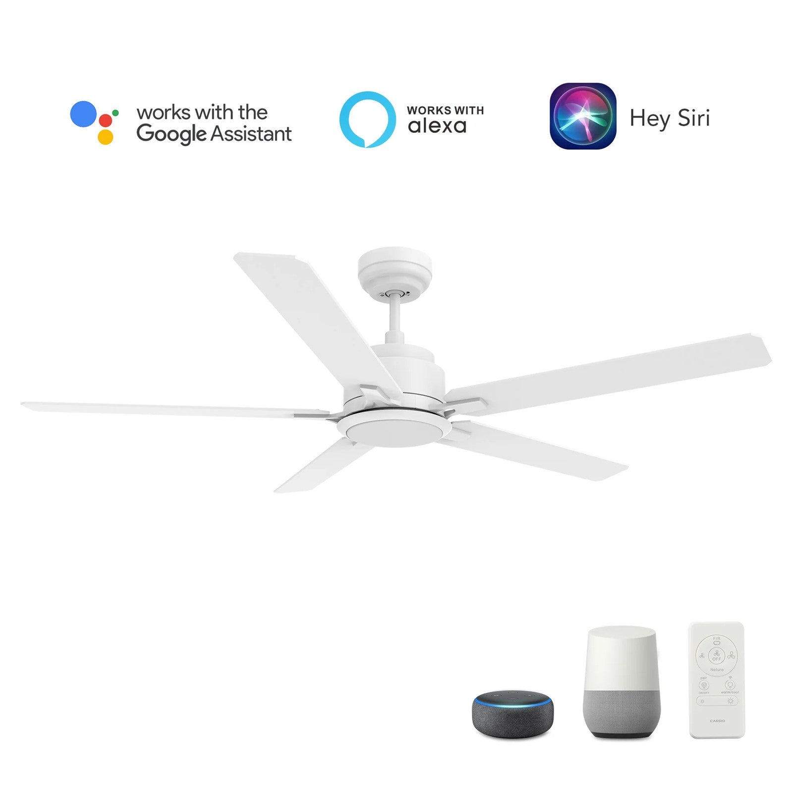 Carro Espear 56in 5-Blade Smart Ceiling Fan | White Plywood Blades | Living Room & Covered Patio | 56 x 56 x 14.4 in | Model SFR565J-L12-W1-1
