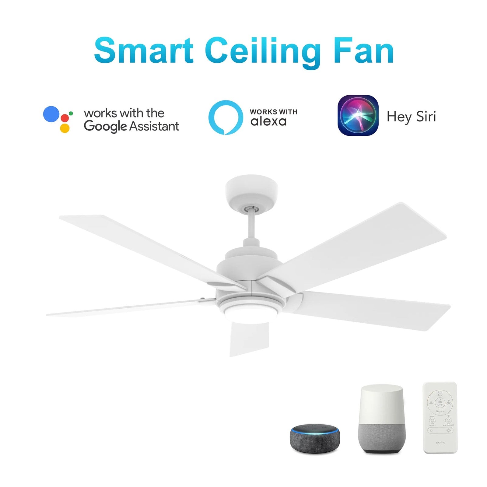 Carro Ascender 60in 5-Blade Smart Ceiling Fan | White Plywood Blades and Integrated 4000K LED | Living Room & Covered Patio | 60 | Model SFR605J1-L11-W1-1