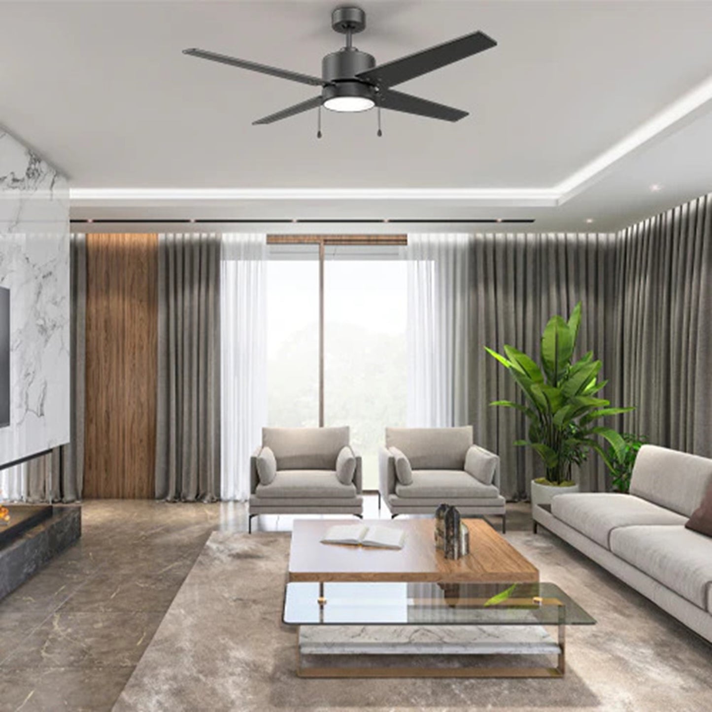 Carro Empire 52in 4-Blade Ceiling Fan | Black Plywood Blades and Integrated 3000K LED | Living Room & Bedroom | 52 x 52 x 15.5 | Model VWGA-524A3-L12-B2-1