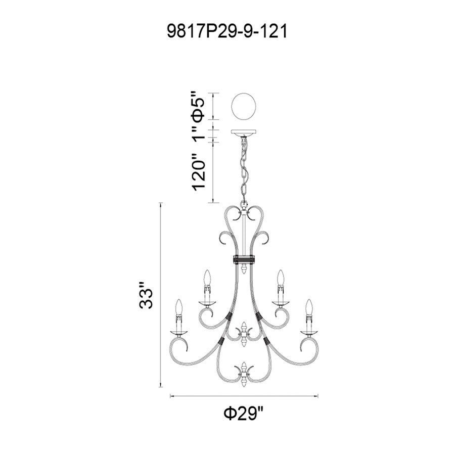 9 Light Up Chandelier, Rubbed Brown