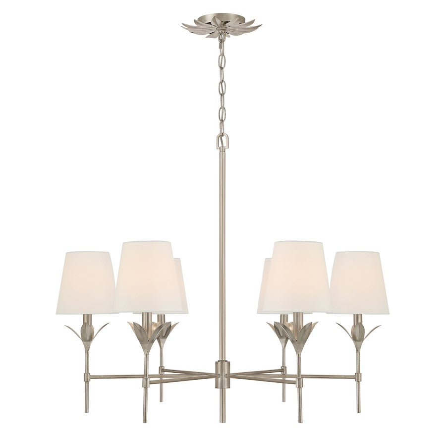 Crystorama Broche 6 Light Chandelier, Antique Silver/White