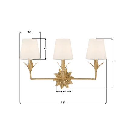 Crystorama Broche 3 Light Bathroom Vanity, Gold/White