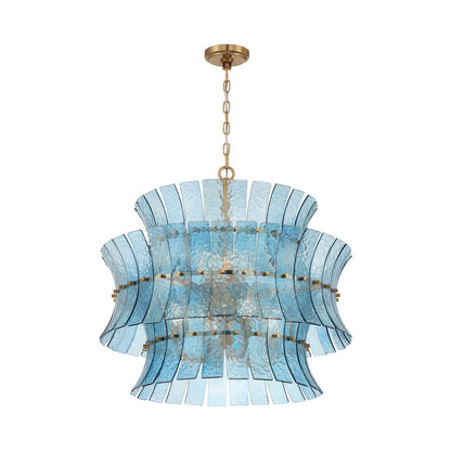 Crystorama Abigail 28in 8-Light Chandelier | Mid-Century Aged Brass Steel and Blue Curved Glass | Dining Room & Entryway | 28 x 28 x 26 in | Model ABI-2005-AG-BL