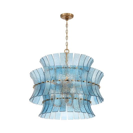 Crystorama Abigail 28in 8-Light Chandelier | Mid-Century Aged Brass Steel and Blue Curved Glass | Dining Room & Entryway | 28 x 28 x 26 in | Model ABI-2005-AG-BL