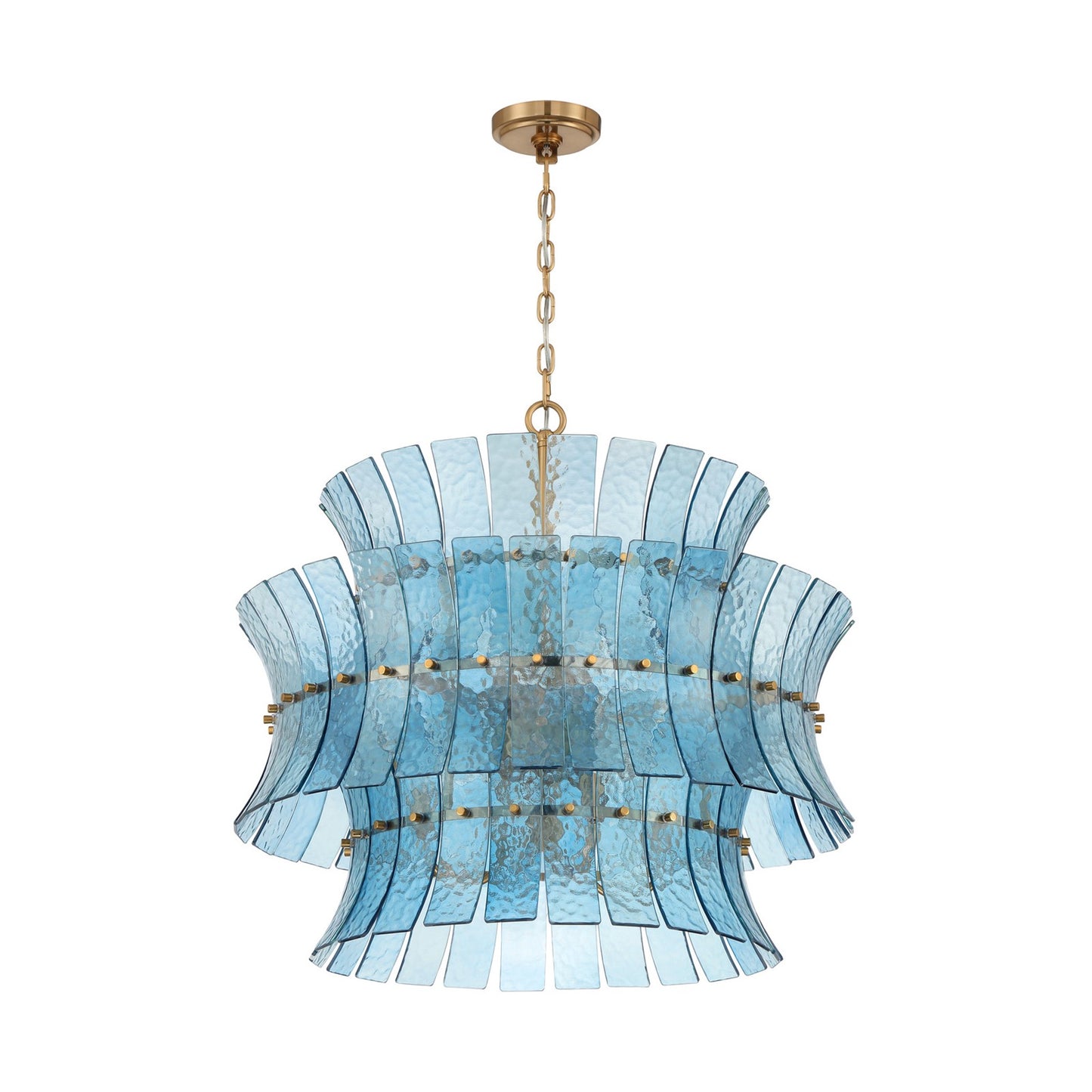 Crystorama Abigail 28in 8-Light Chandelier | Mid-Century Aged Brass Steel and Blue Curved Glass | Dining Room & Entryway | 28 x 28 x 26 in | Model ABI-2005-AG-BL