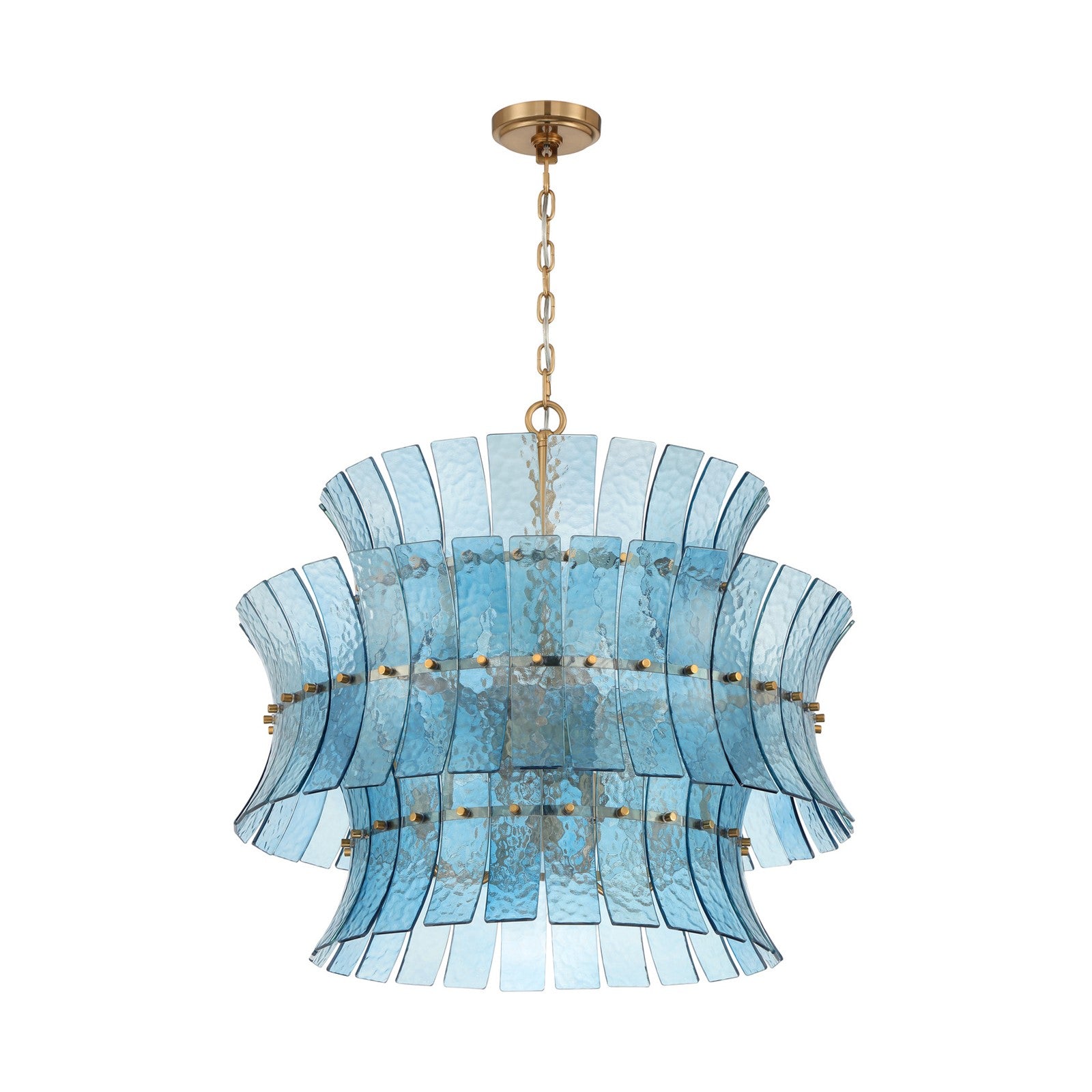 Crystorama Abigail 28in 8-Light Chandelier | Mid-Century Aged Brass Steel and Blue Curved Glass | Dining Room & Entryway | 28 x 28 x 26 in | Model ABI-2005-AG-BL