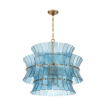 Crystorama Abigail 28in 8-Light Chandelier | Mid-Century Aged Brass Steel and Blue Curved Glass | Dining Room & Entryway | 28 x 28 x 26 in | Model ABI-2005-AG-BL