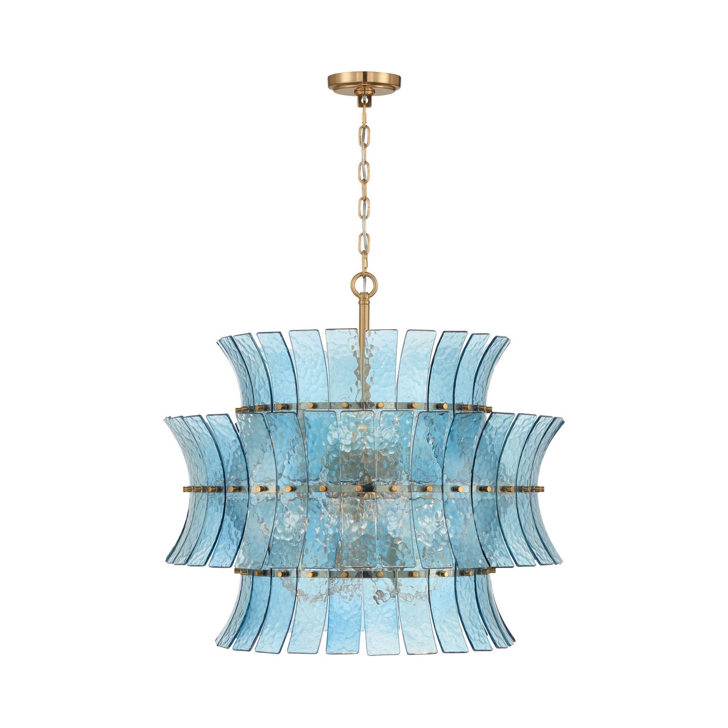 Crystorama Abigail 28in 8-Light Chandelier | Mid-Century Aged Brass Steel and Blue Curved Glass | Dining Room & Entryway | 28 x 28 x 26 in | Model ABI-2005-AG-BL