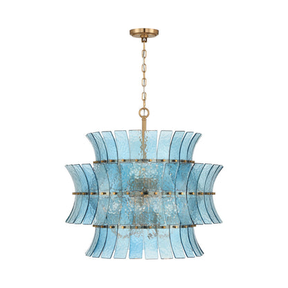 Crystorama Abigail 28in 8-Light Chandelier | Mid-Century Aged Brass Steel and Blue Curved Glass | Dining Room & Entryway | 28 x 28 x 26 in | Model ABI-2005-AG-BL