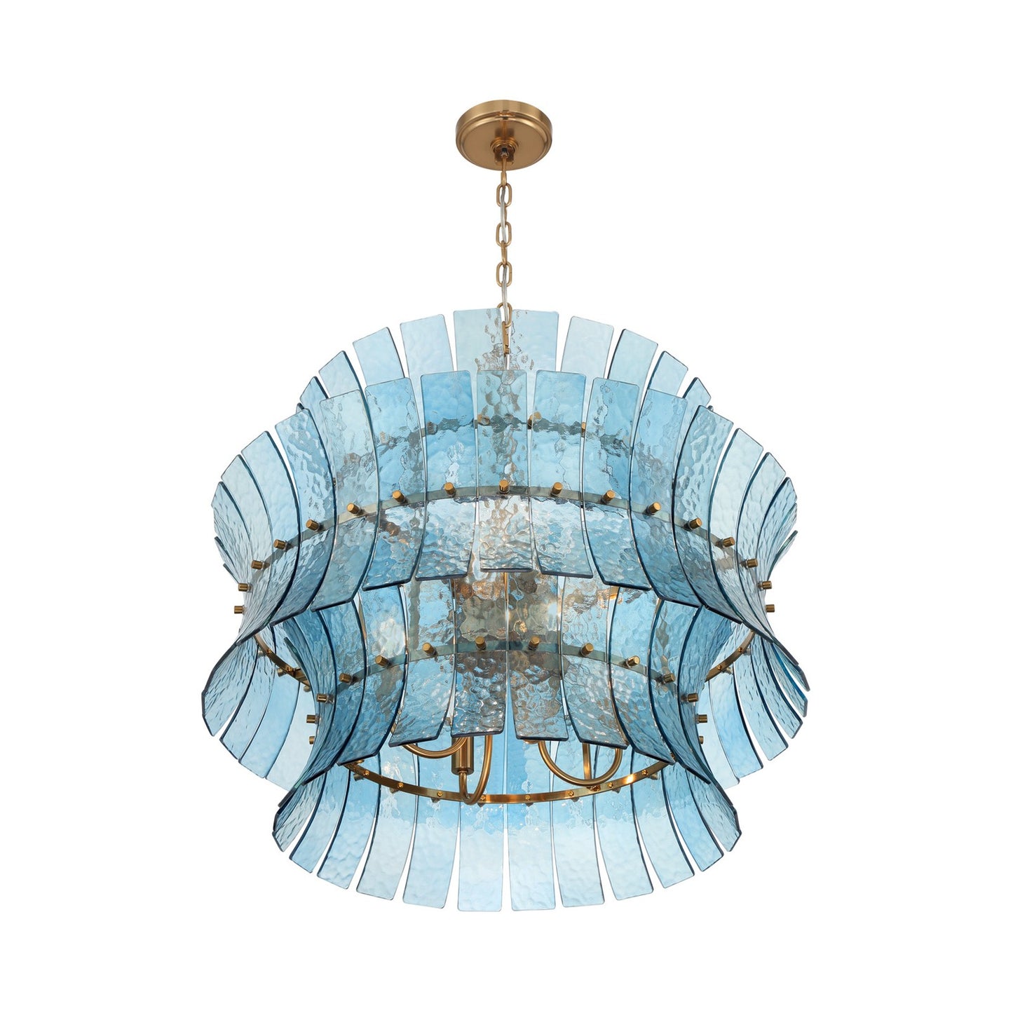 Crystorama Abigail 28in 8-Light Chandelier | Mid-Century Aged Brass Steel and Blue Curved Glass | Dining Room & Entryway | 28 x 28 x 26 in | Model ABI-2005-AG-BL
