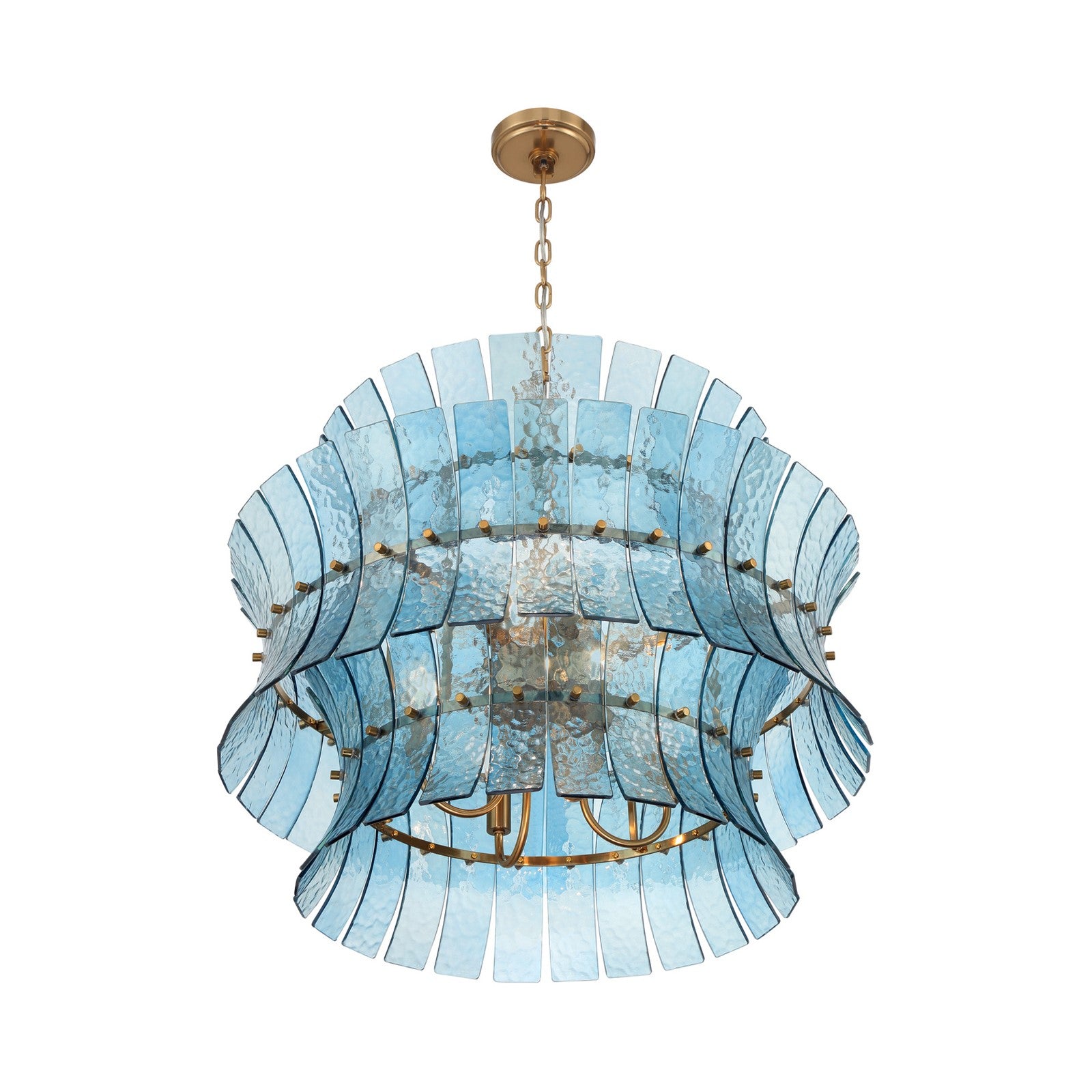 Crystorama Abigail 28in 8-Light Chandelier | Mid-Century Aged Brass Steel and Blue Curved Glass | Dining Room & Entryway | 28 x 28 x 26 in | Model ABI-2005-AG-BL