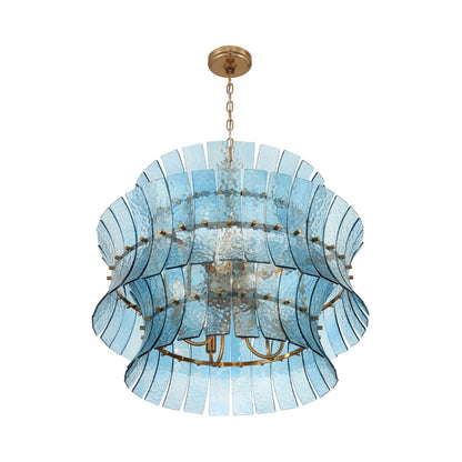 Crystorama Abigail 28in 8-Light Chandelier | Mid-Century Aged Brass Steel and Blue Curved Glass | Dining Room & Entryway | 28 x 28 x 26 in | Model ABI-2005-AG-BL