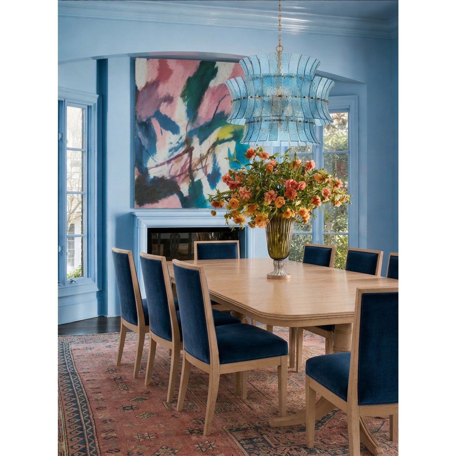 Crystorama Abigail 28in 8-Light Chandelier | Mid-Century Aged Brass Steel and Blue Curved Glass | Dining Room & Entryway | 28 x 28 x 26 in | Model ABI-2005-AG-BL