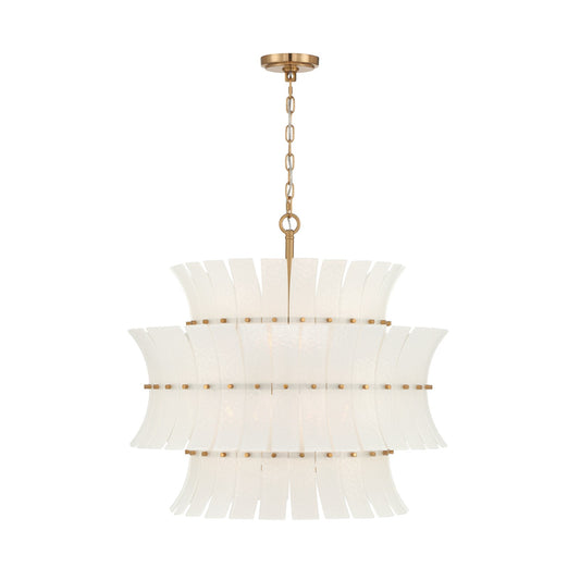 Crystorama Abigail 28in 8-Light Chandelier | Mid-Century Aged Brass Steel and White Curved Glass | Dining Room & Entryway | 28 x 28 x 26 in | Model ABI-2005-AG-WH