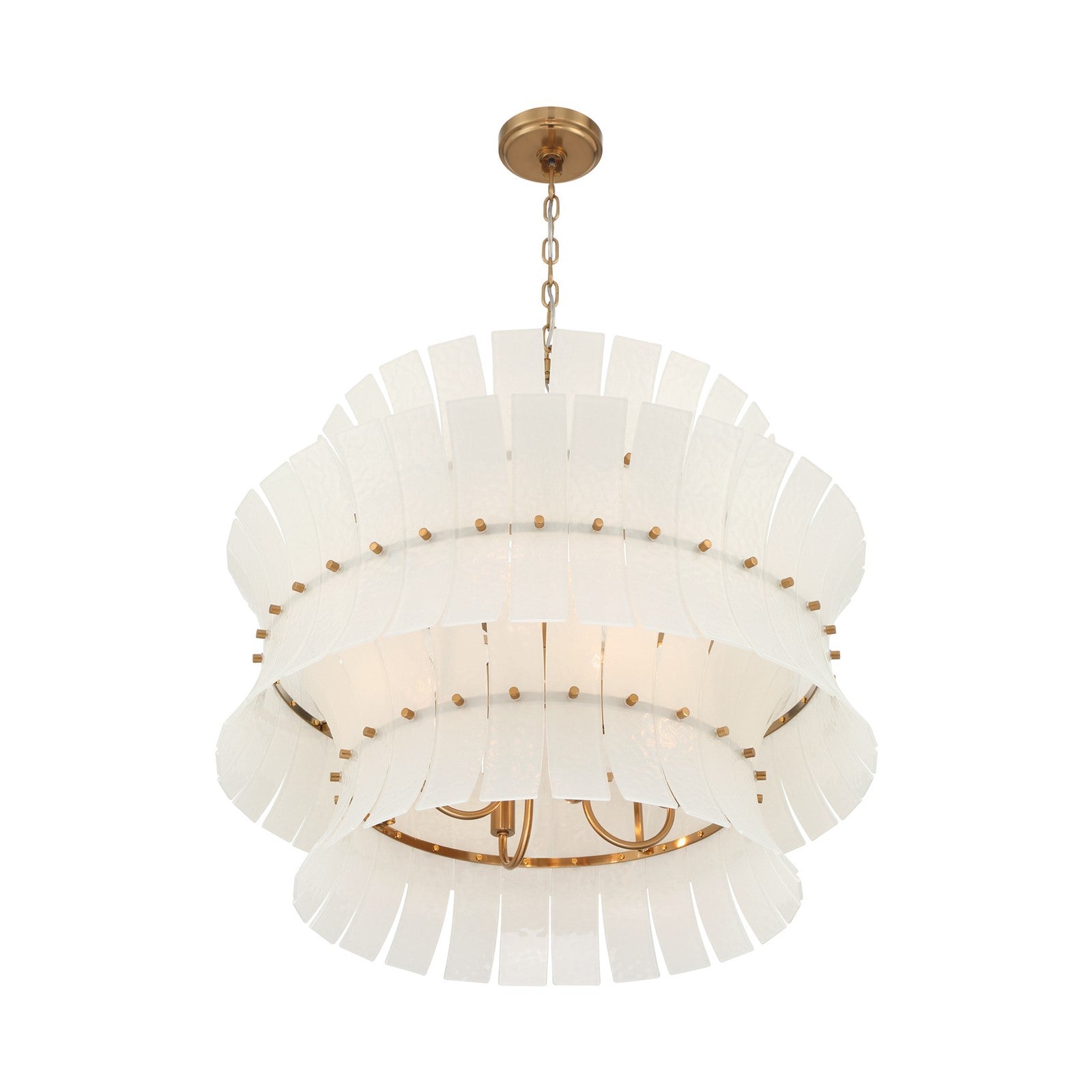 Crystorama Abigail 28in 8-Light Chandelier | Mid-Century Aged Brass Steel and White Curved Glass | Dining Room & Entryway | 28 x 28 x 26 in | Model ABI-2005-AG-WH