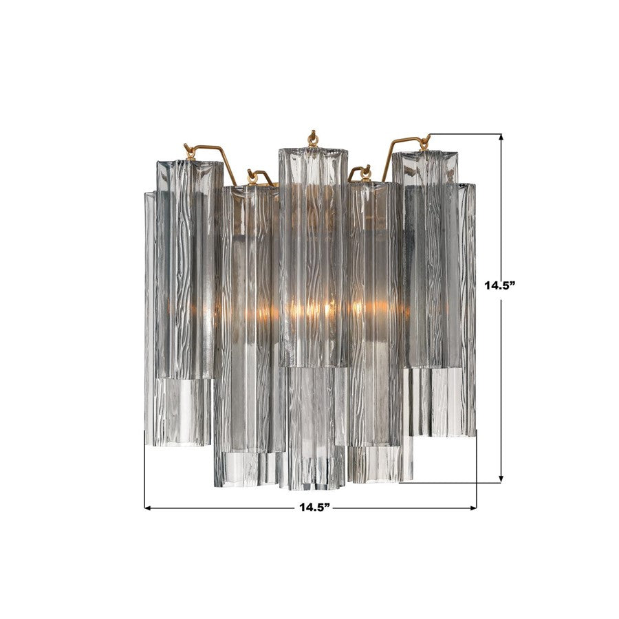 Crystorama Addis 2 Light 15" Sconce, Gray/Brass/Gold/Smoke