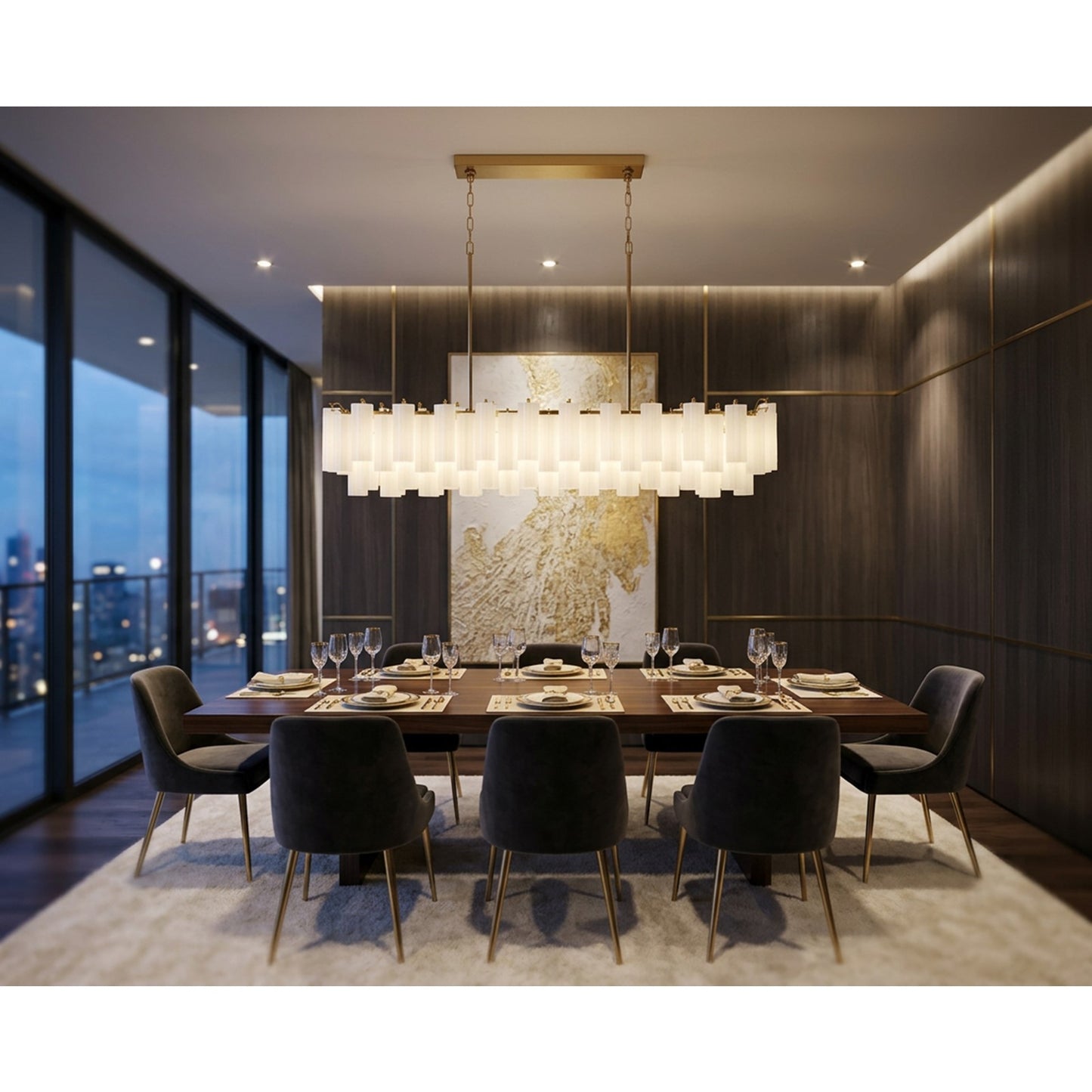 Crystorama Addis 65in 16-Light Linear Chandelier | Mid-Century Aged Brass and White Tronchi Glass | Dining Room & Kitchen Island | 65 x 14 x 13.5 in | Model ADD-337-AG-WH