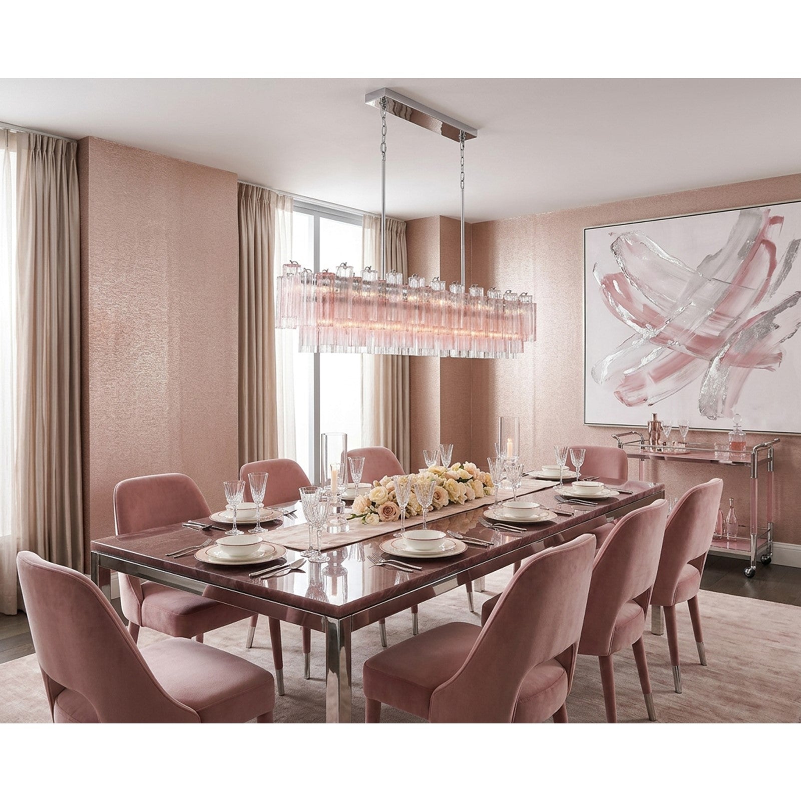 Crystorama Addis 65in 16-Light Linear Chandelier | Mid-Century Polished Chrome and Spring Tronchi Glass | Dining Room & Kitchen Island | Model ADD-337-CH-SP