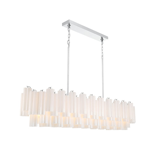 Crystorama Addis 65in 16-Light Linear Chandelier | Mid-Century Polished Chrome and White Tronchi Glass | Kitchen Island & Dining Room | Model ADD-337-CH-WH