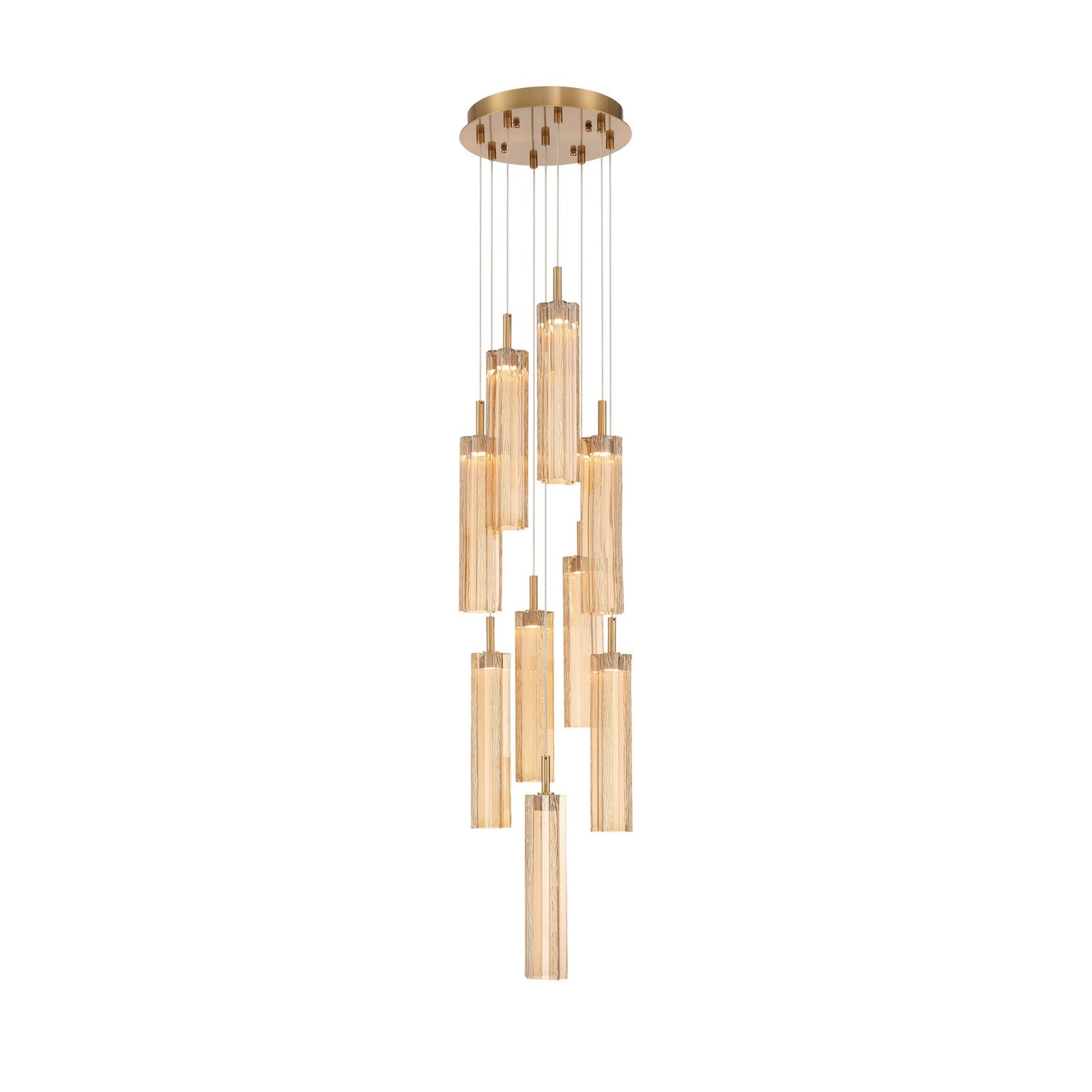 Crystorama Addis 12in 9-Light LED Pendant | Mid-Century Aged Brass and Amber Tronchi Glass | Entryway & Dining Room | 12 x 12 x 21 in | Model ADD-405-AG-AM