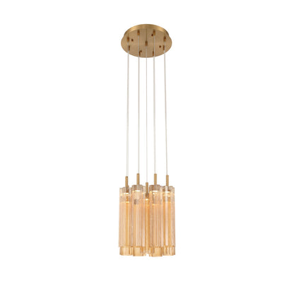 Crystorama Addis 12in 9-Light LED Pendant | Mid-Century Aged Brass and Amber Tronchi Glass | Entryway & Dining Room | 12 x 12 x 21 in | Model ADD-405-AG-AM