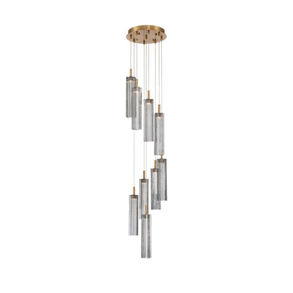 Crystorama Addis 12in 9-Light Pendant | Mid-Century Aged Brass and Smoke Tronchi Glass | Entryway & Dining Room | 12 x 12 x 21 in | Model ADD-405-AG-SM