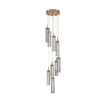 Crystorama Addis 12in 9-Light Pendant | Mid-Century Aged Brass and Smoke Tronchi Glass | Entryway & Dining Room | 12 x 12 x 21 in | Model ADD-405-AG-SM
