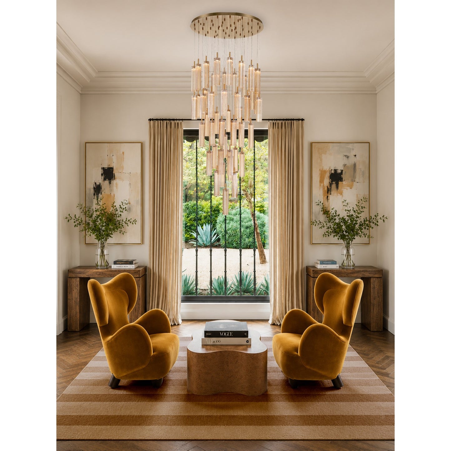 Crystorama Addis 36in 46-Light LED Pendant | Mid-Century Aged Brass and Amber Tronchi Glass | Entryway & Dining Room | 36 x 36 x 21 in | Model ADD-423-AG-AM