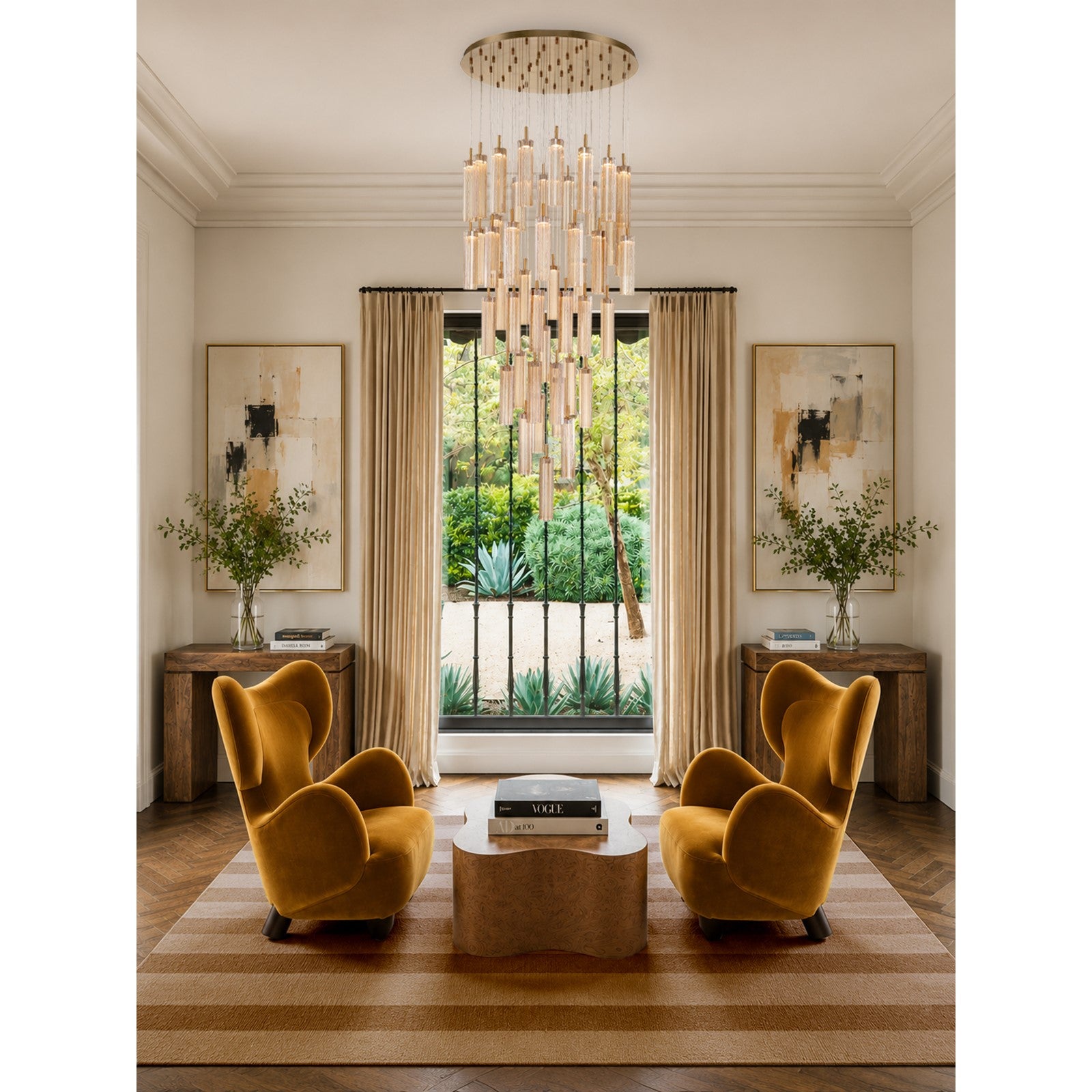 Crystorama Addis 36in 46-Light LED Pendant | Mid-Century Aged Brass and Amber Tronchi Glass | Entryway & Dining Room | 36 x 36 x 21 in | Model ADD-423-AG-AM