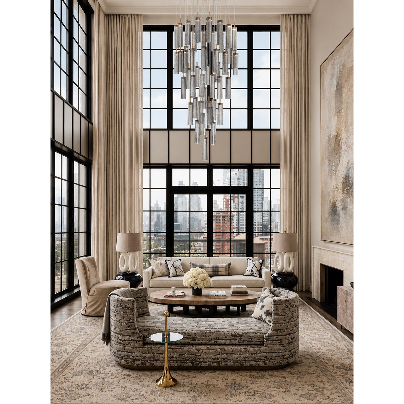 Crystorama Addis 36in 46-Light Pendant | Mid-Century Aged Brass Steel and Smoke Tronchi Glass | Entryway & Dining Room | 36 x 36 x 21 in | Model ADD-423-AG-SM